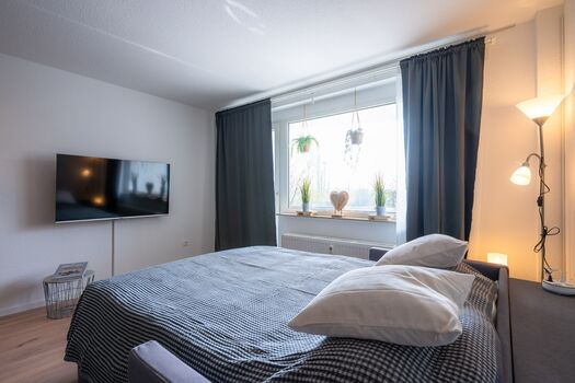 Wohnzimmer mit Schlafcouch (160 x 200cm) für 2 Personen; Smart-TV (mit Netflix-App) und Zugang zum Balkon Wohnzimmer mit Schlafcouch (160 x 200cm) für 2 Personen; Smart-TV (mit Netflix-App) und Zugang zum Balkon