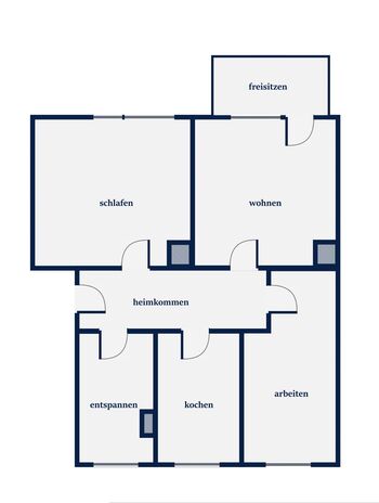 Grundriss der Wohnung: zwei Schlafzimmer, Wohnzimmer, Küche, Bad und Balkon