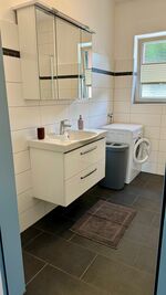 Großes Badezimmer mit Dusche, Waschbecken und Waschmaschine